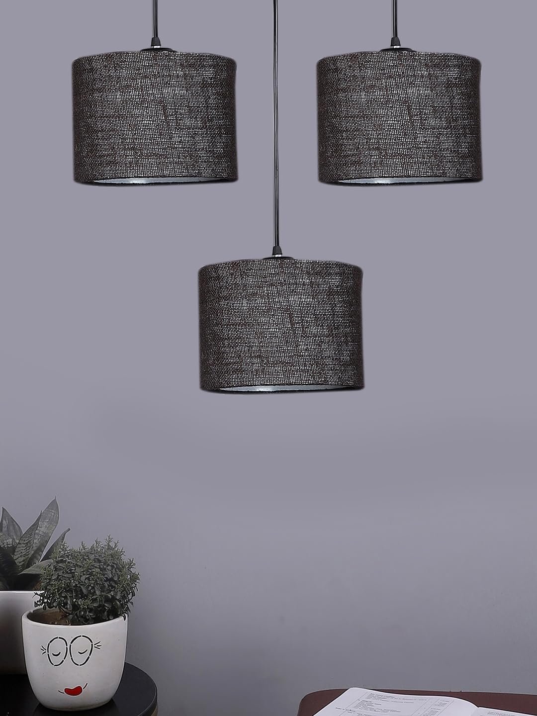 Brown Jute Round Drum Cluster Hanging Lamp (15X3.25X20) Inches