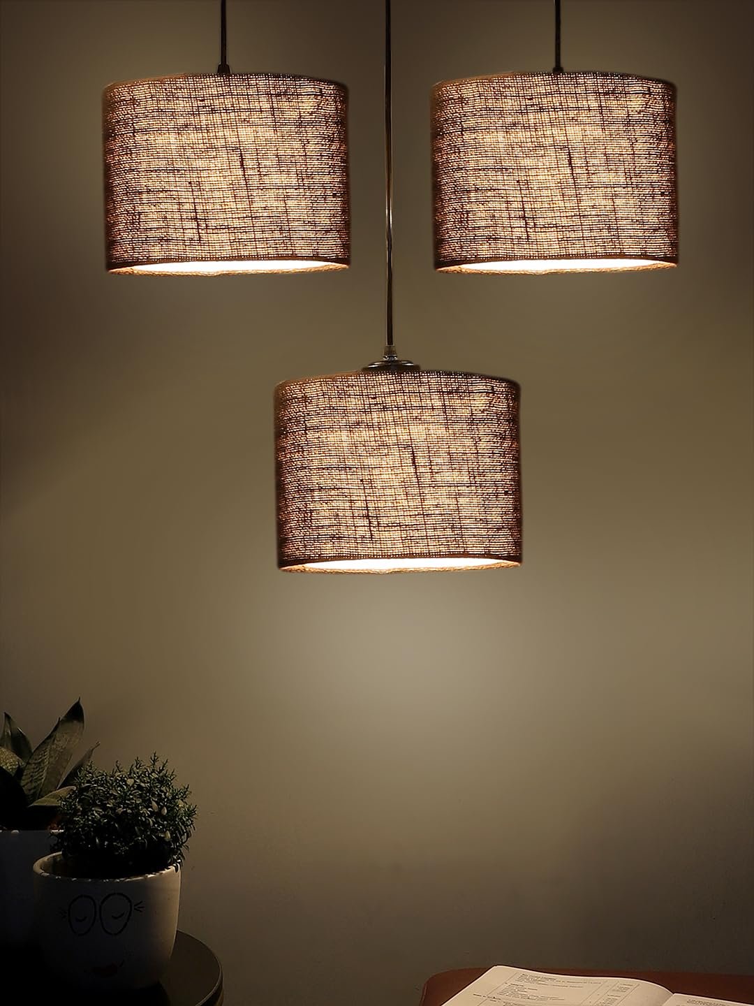 Brown Jute Round Drum Cluster Hanging Lamp (15X3.25X20) Inches