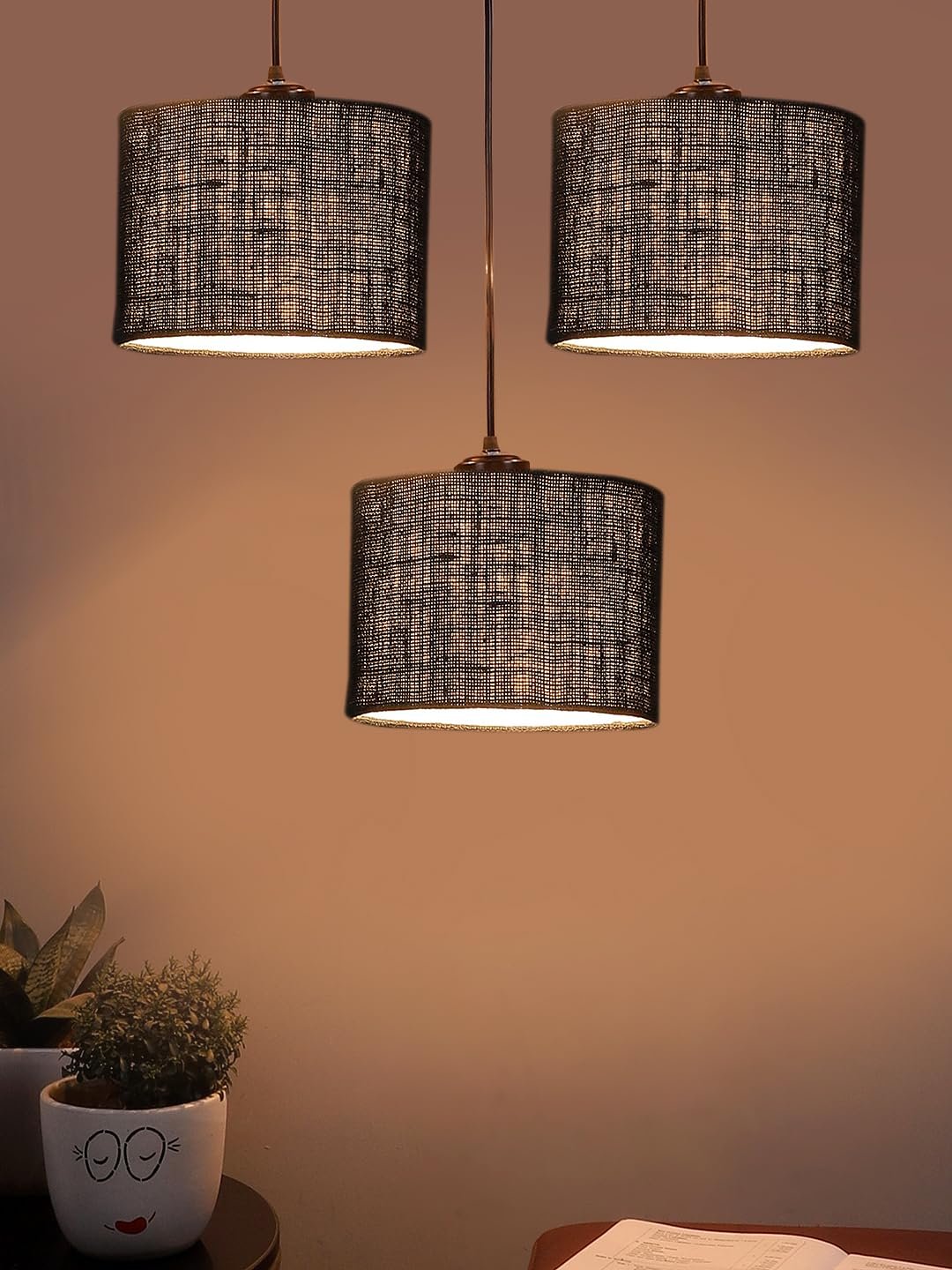 Black Jute Round Drum Cluster Hanging Lamp (15X3.25X20) Inches