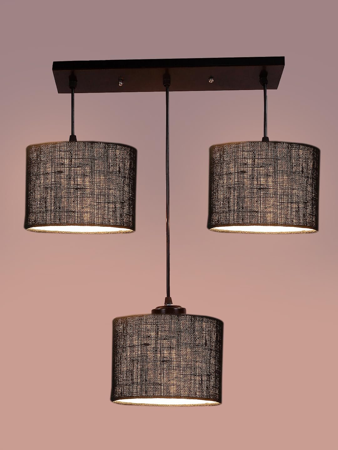 Black Jute Round Drum Cluster Hanging Lamp (15X3.25X20) Inches