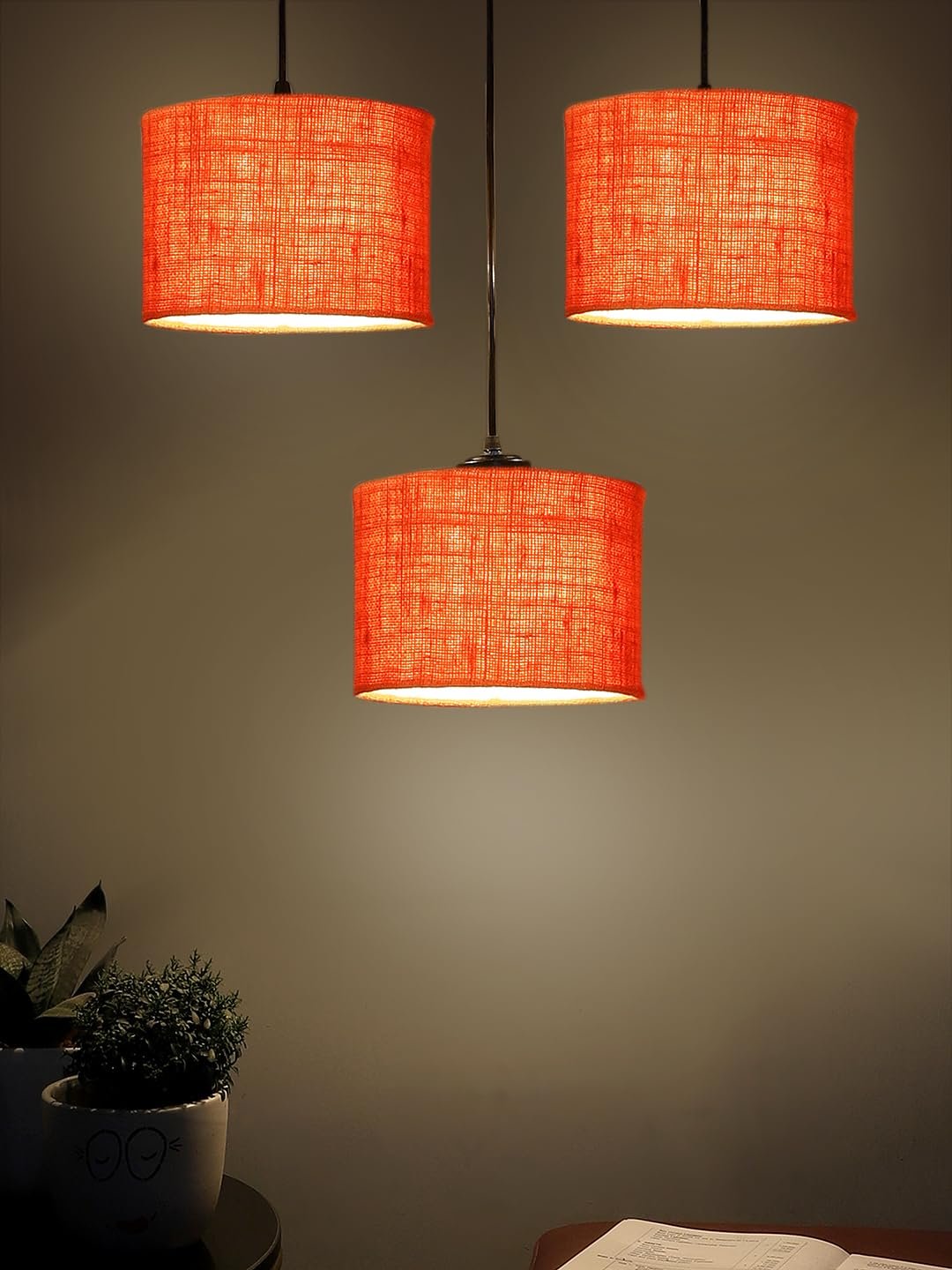 Orange Jute Round Drum Cluster Hanging Lamp (15X3.25X20) Inches