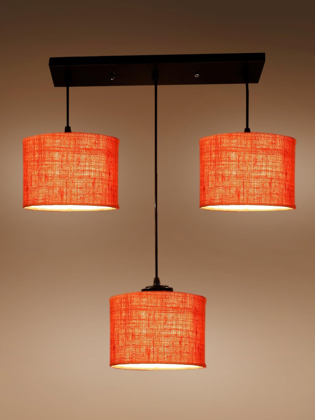 Orange Jute Round Drum Cluster Hanging Lamp (15X3.25X20) Inches