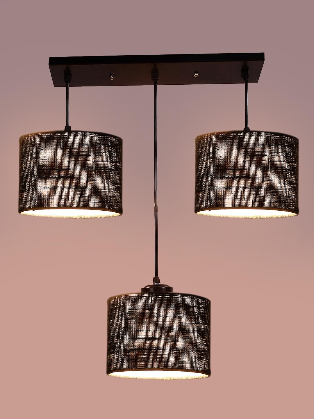 Grey Jute Round Drum Cluster Hanging Lamp (15X3.25X20) Inches