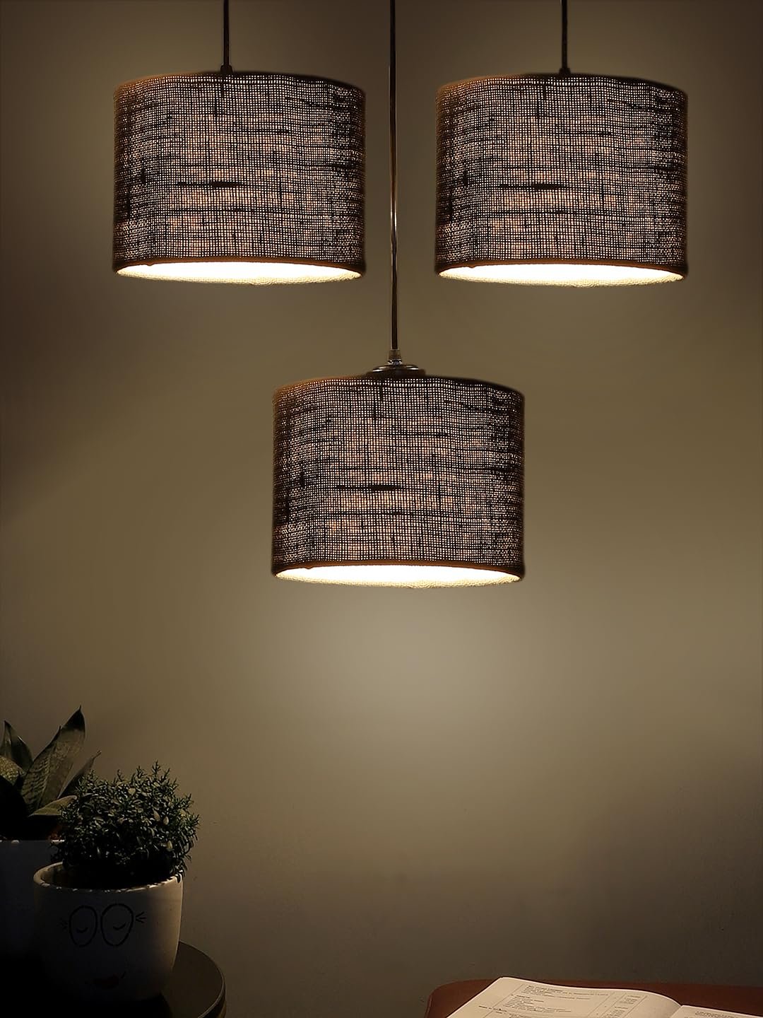 Grey Jute Round Drum Cluster Hanging Lamp (15X3.25X20) Inches