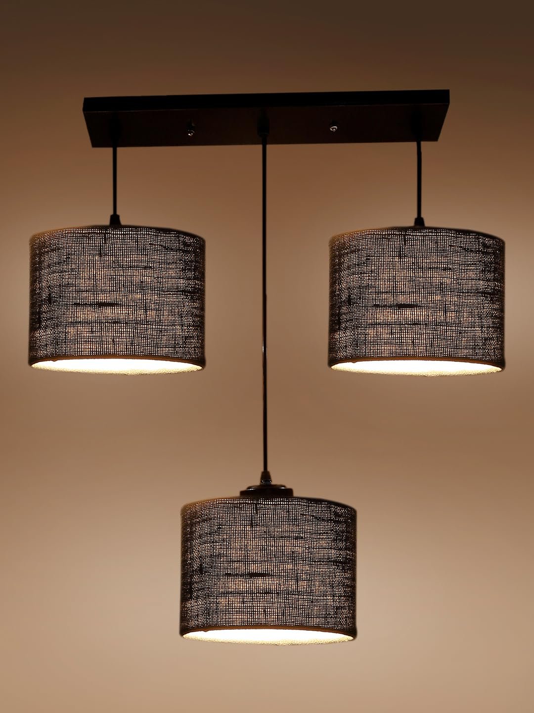 Grey Jute Round Drum Cluster Hanging Lamp (15X3.25X20) Inches