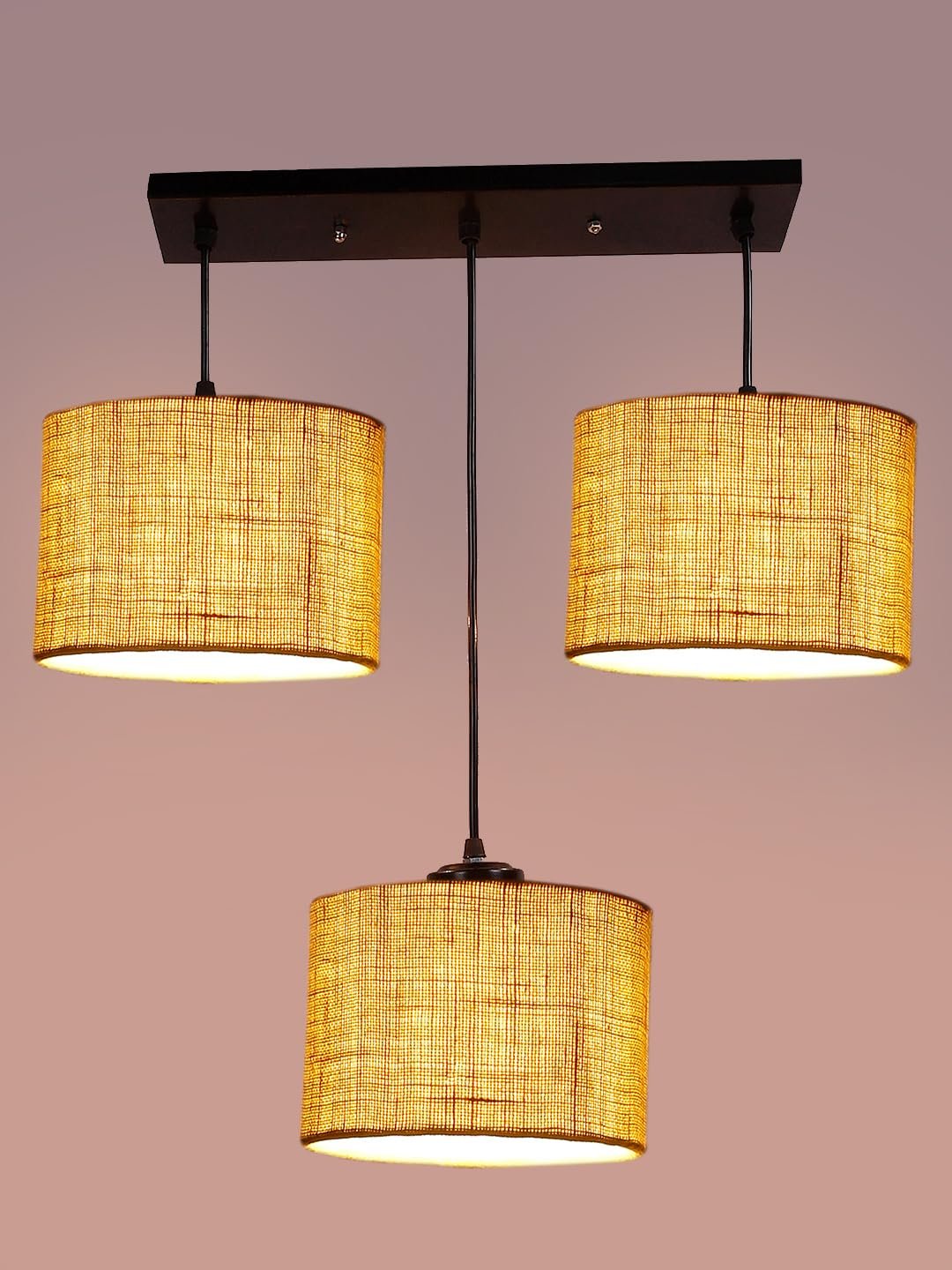 Yellow Jute Round Drum Cluster Hanging Lamp (15X3.25X20) Inches