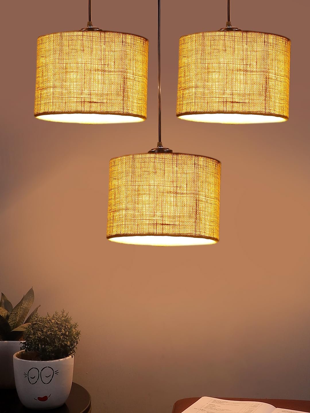Yellow Jute Round Drum Cluster Hanging Lamp (15X3.25X20) Inches