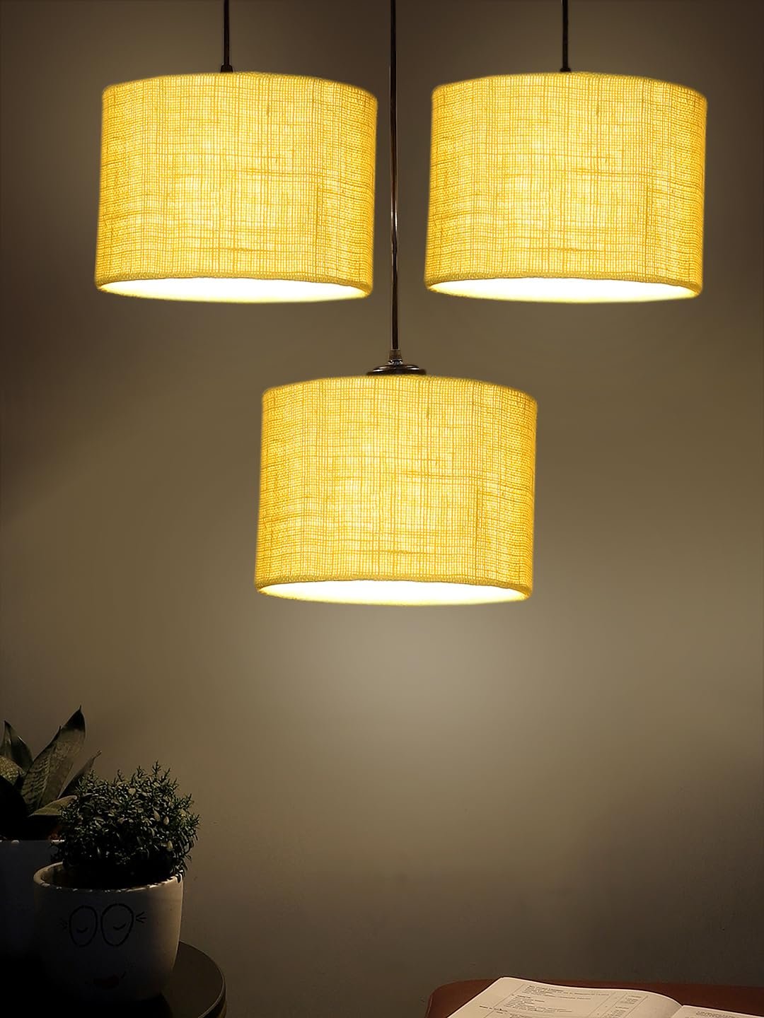 Yellow Jute Round Drum Cluster Hanging Lamp (15X3.25X20) Inches