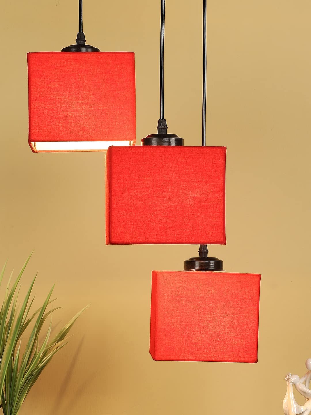 Red Cotton Square Cluster Hanging Lamp (10x10x27) Inches