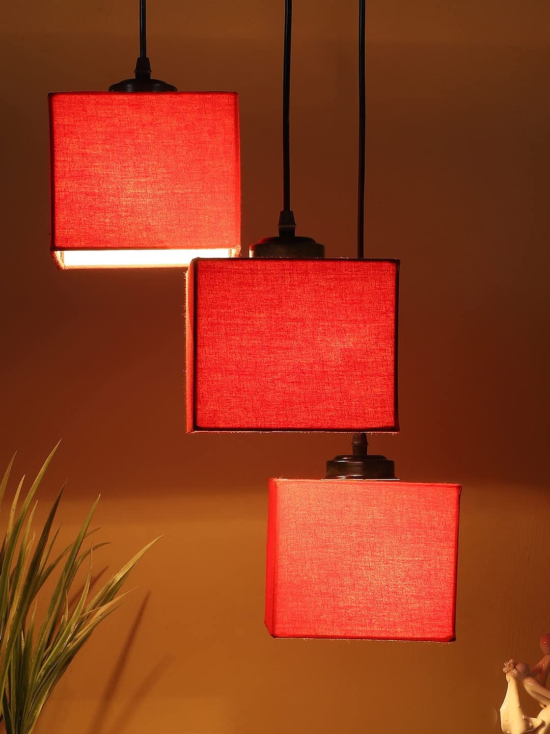 Red Cotton Square Cluster Hanging Lamp (10x10x27) Inches
