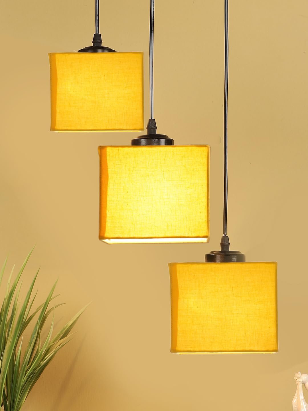 Yellow Cotton Square Cluster Hanging Lamp (10x10x27) Inches