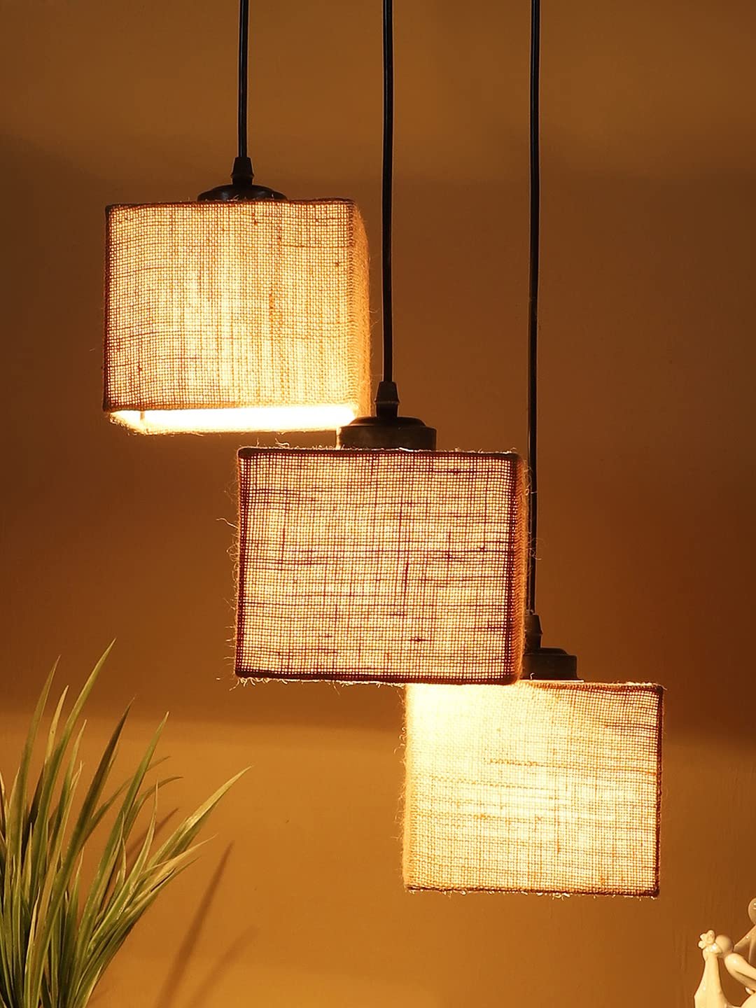 Beige Jute Square Cluster Hanging Lamp (10x10x27) Inches
