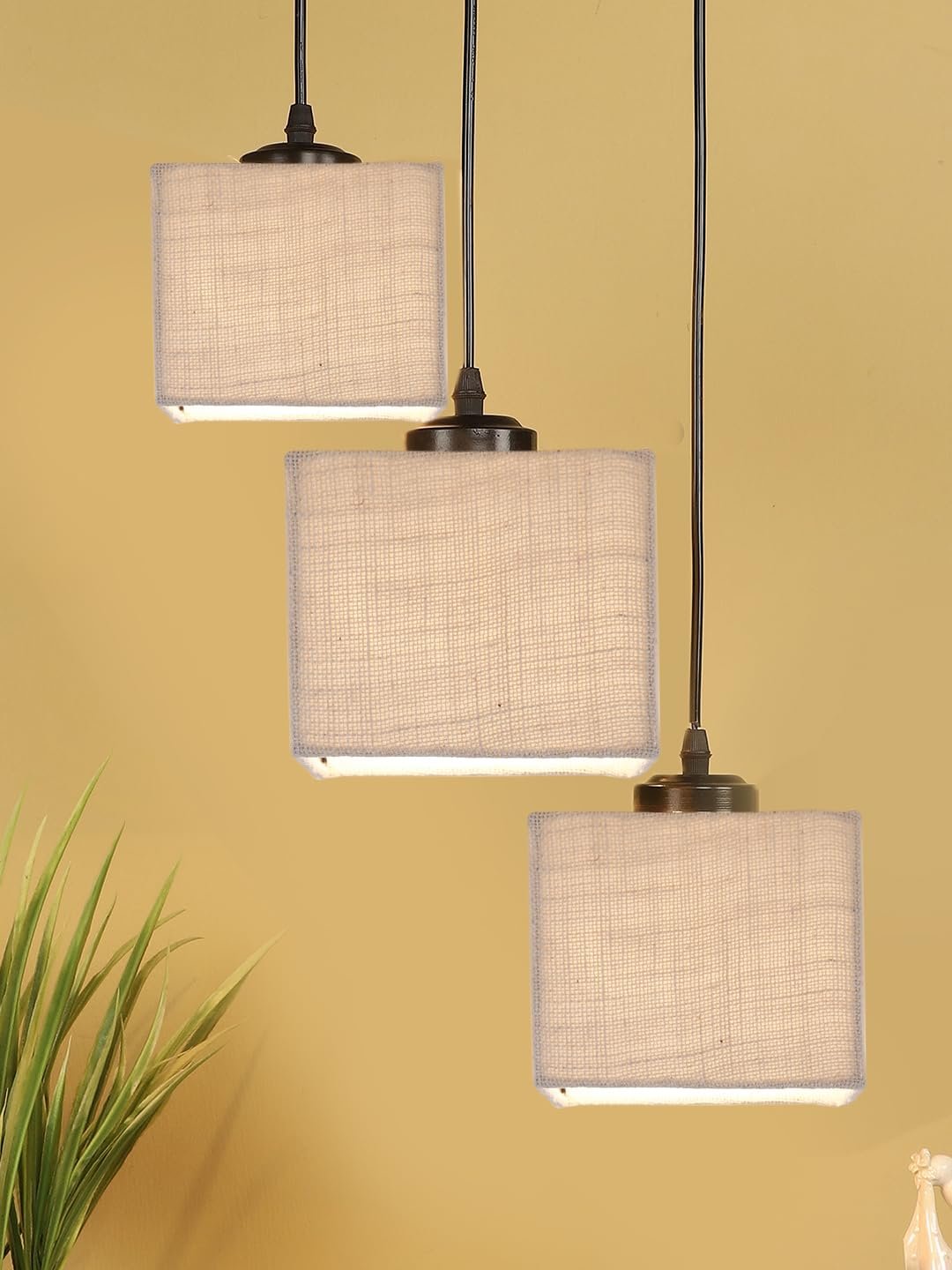 White Jute Square Cluster Hanging Lamp (10x10x27) Inches