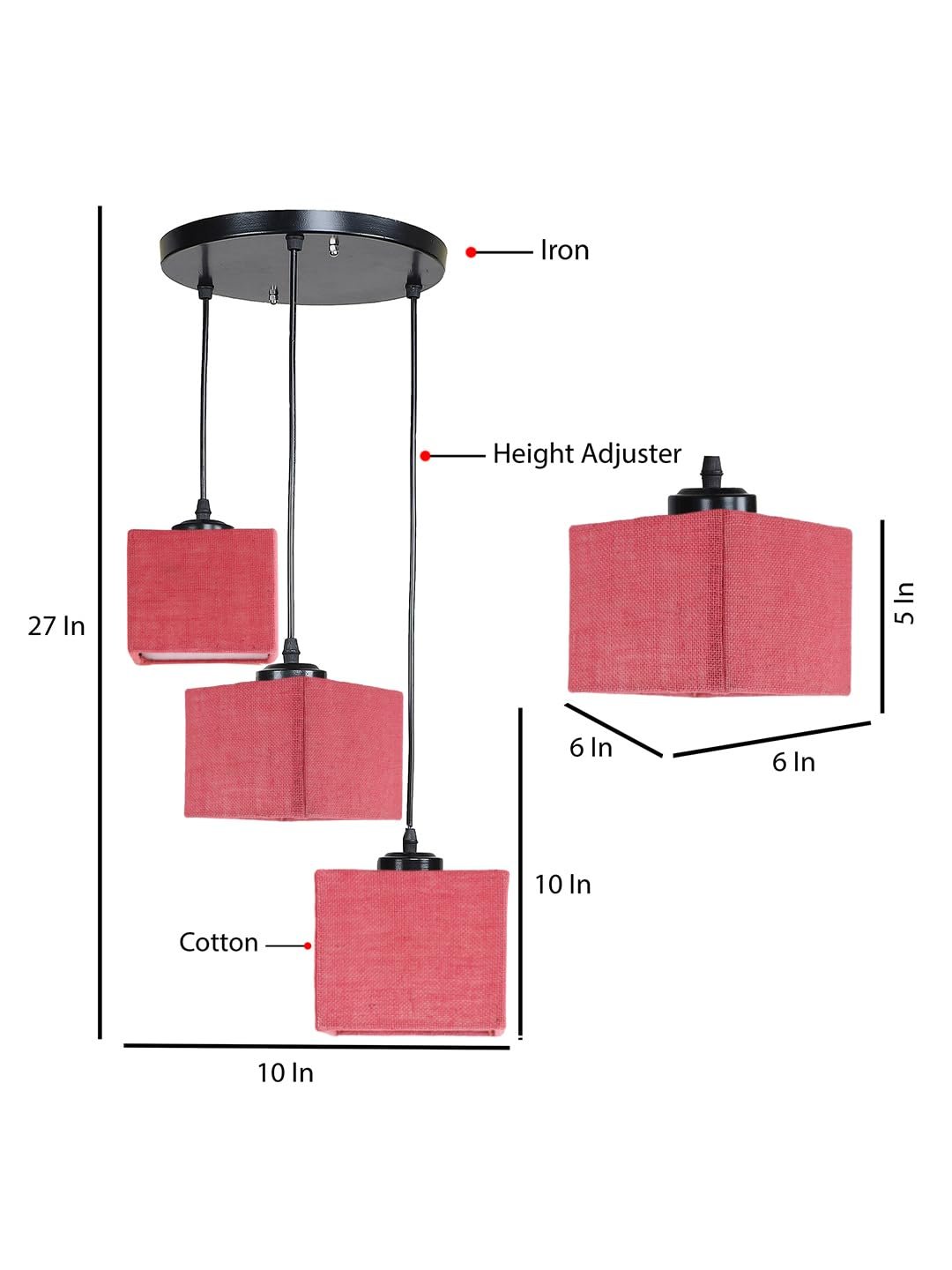Pink Jute Square Cluster Hanging Lamp (10x10x27) Inches