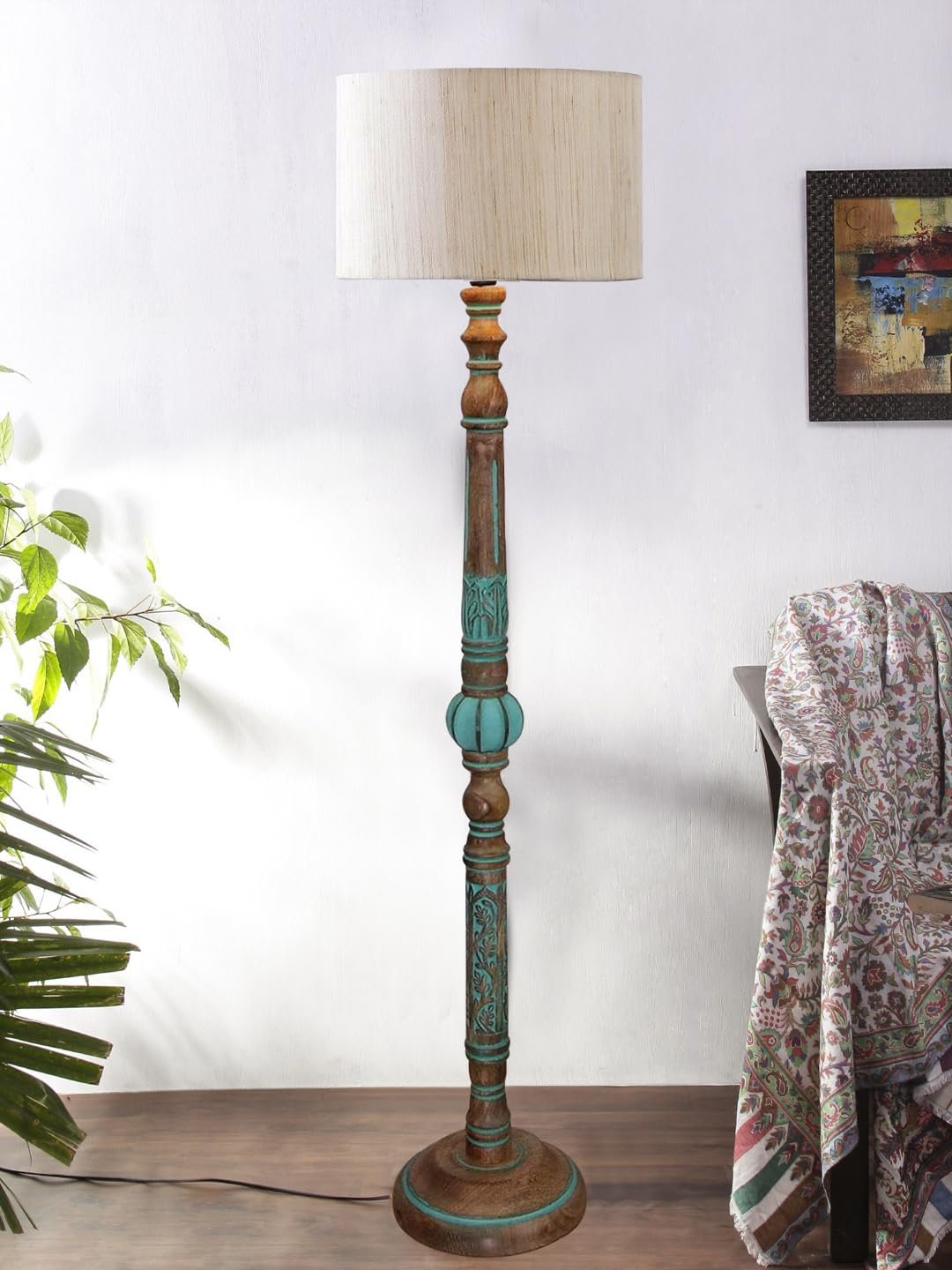 Mid Century Modern Floor Lamp,Hand Turned Floor Lamp Wood for Living Room,Stand Lamp with Fabric Lampshade for Bedroom, Study Room and Office, (Off-White)-A