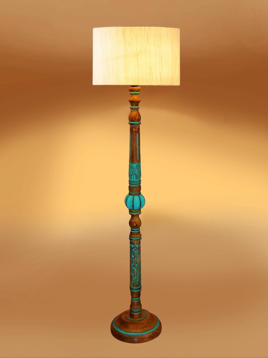 Mid Century Modern Floor Lamp,Hand Turned Floor Lamp Wood for Living Room,Stand Lamp with Fabric Lampshade for Bedroom, Study Room and Office, (Off-White)-A