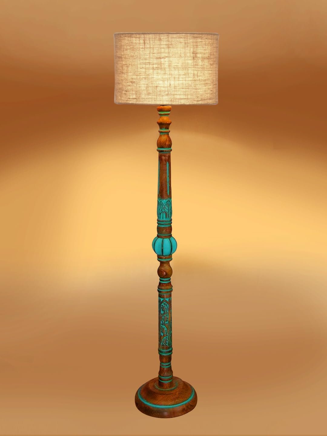 Mid Century Modern Floor Lamp,Hand Turned Floor Lamp Wood for Living Room,Stand Lamp with Jute Lampshade for Bedroom, Study Room and Office, (Beige)-Jute-B