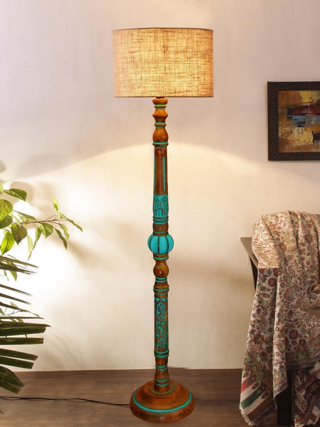 Mid Century Modern Floor Lamp,Hand Turned Floor Lamp Wood for Living Room,Stand Lamp with Jute Lampshade for Bedroom, Study Room and Office, (Beige)-Jute-B