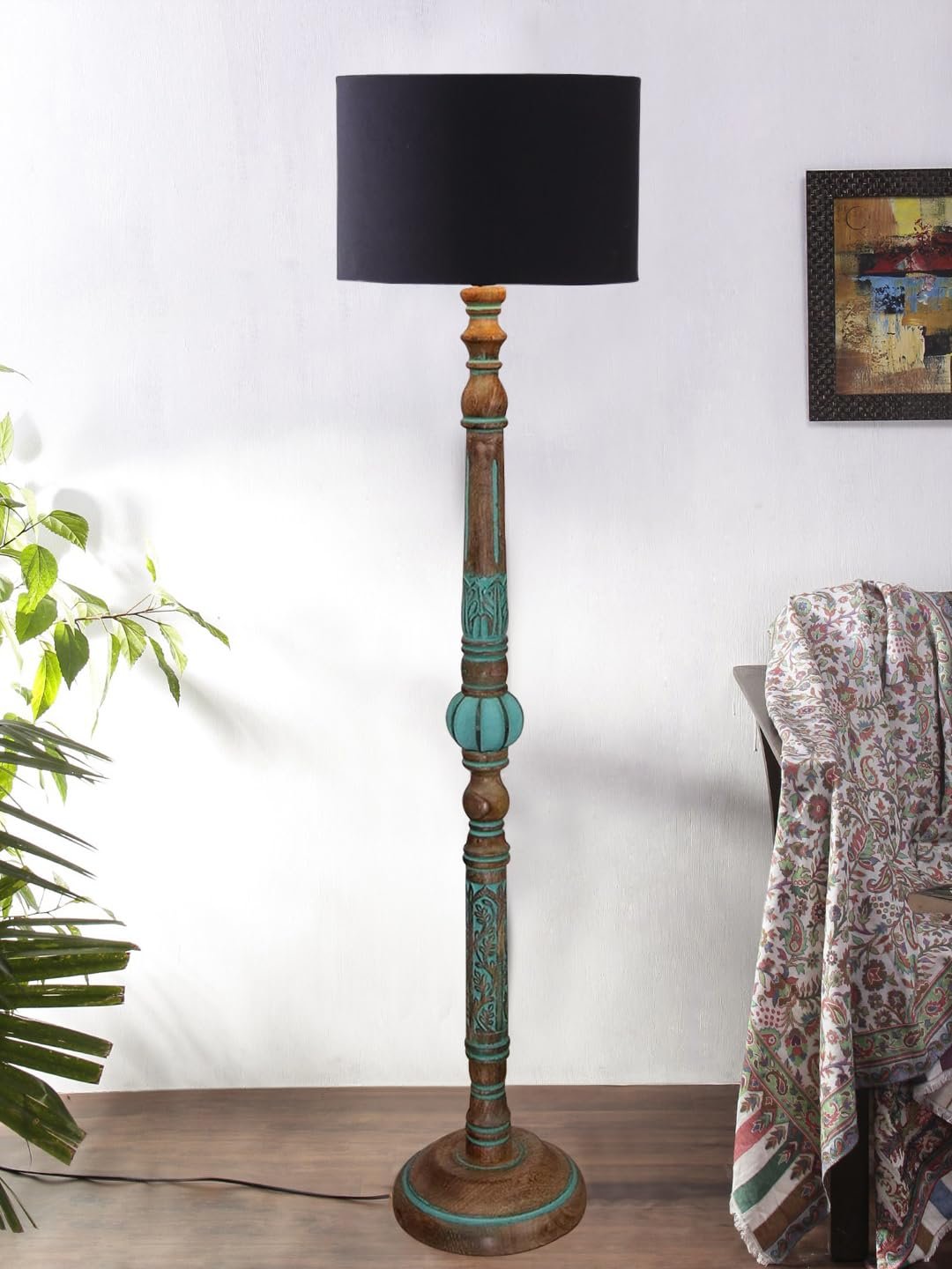 Mid Century Modern Floor Lamp,Hand Turned Floor Lamp Wood for Living Room,Stand Lamp with Jute Lampshade for Bedroom, Study Room and Office, (Black)