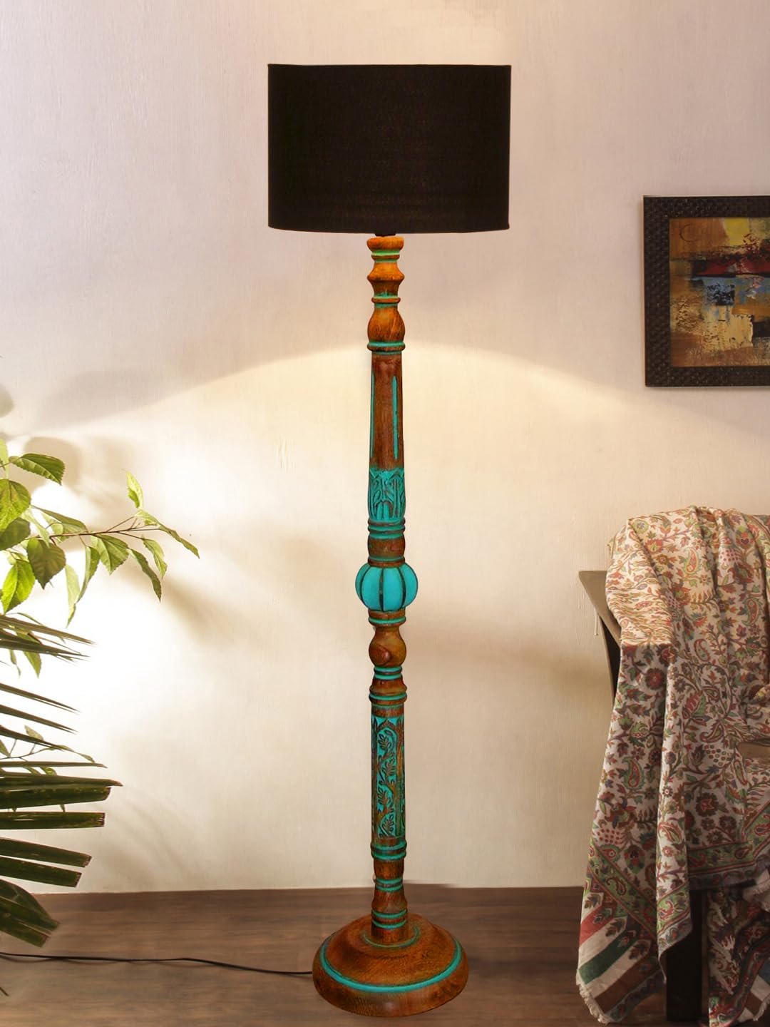 Mid Century Modern Floor Lamp,Hand Turned Floor Lamp Wood for Living Room,Stand Lamp with Jute Lampshade for Bedroom, Study Room and Office, (Black)