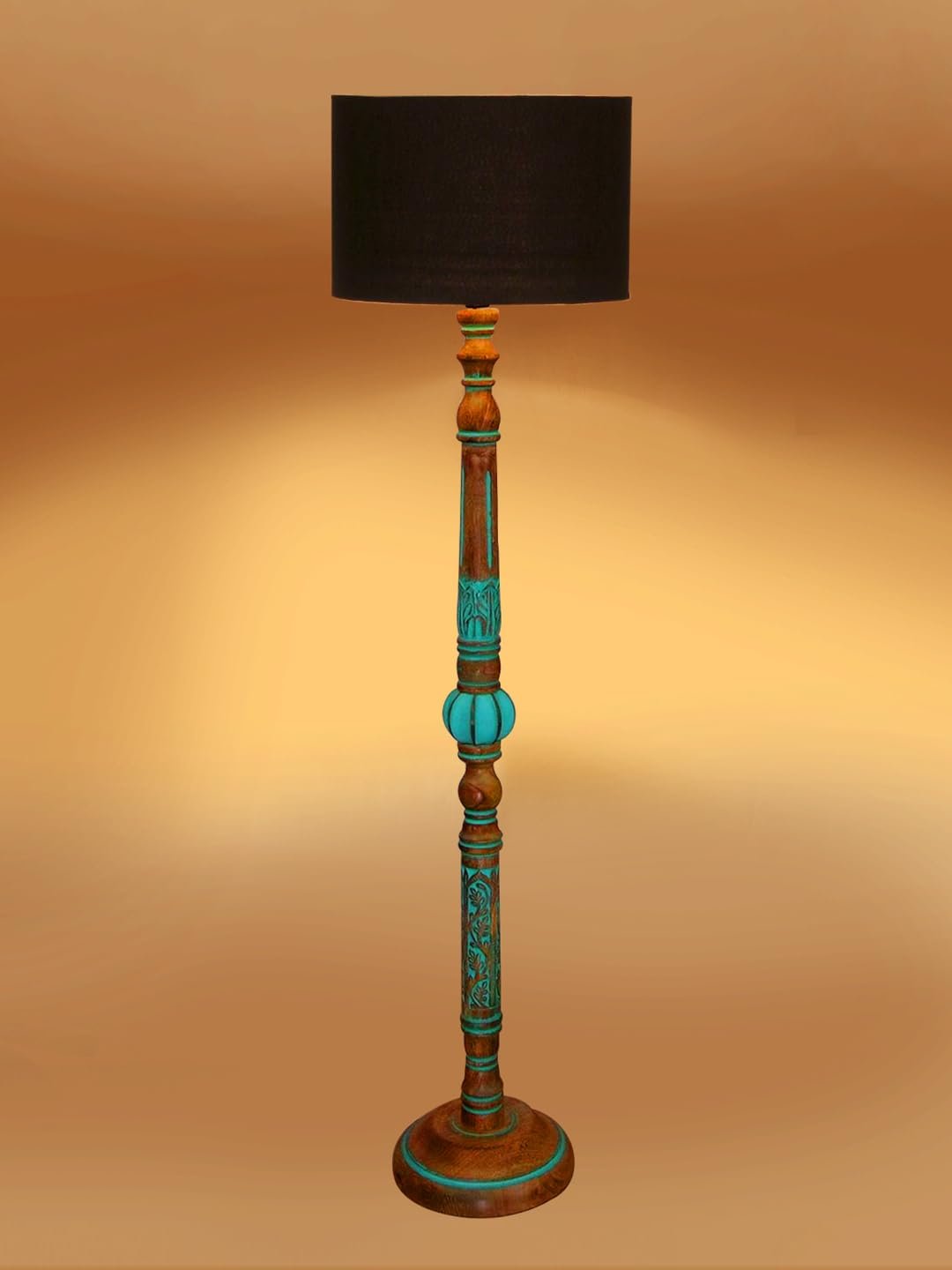 Mid Century Modern Floor Lamp,Hand Turned Floor Lamp Wood for Living Room,Stand Lamp with Jute Lampshade for Bedroom, Study Room and Office, (Black)