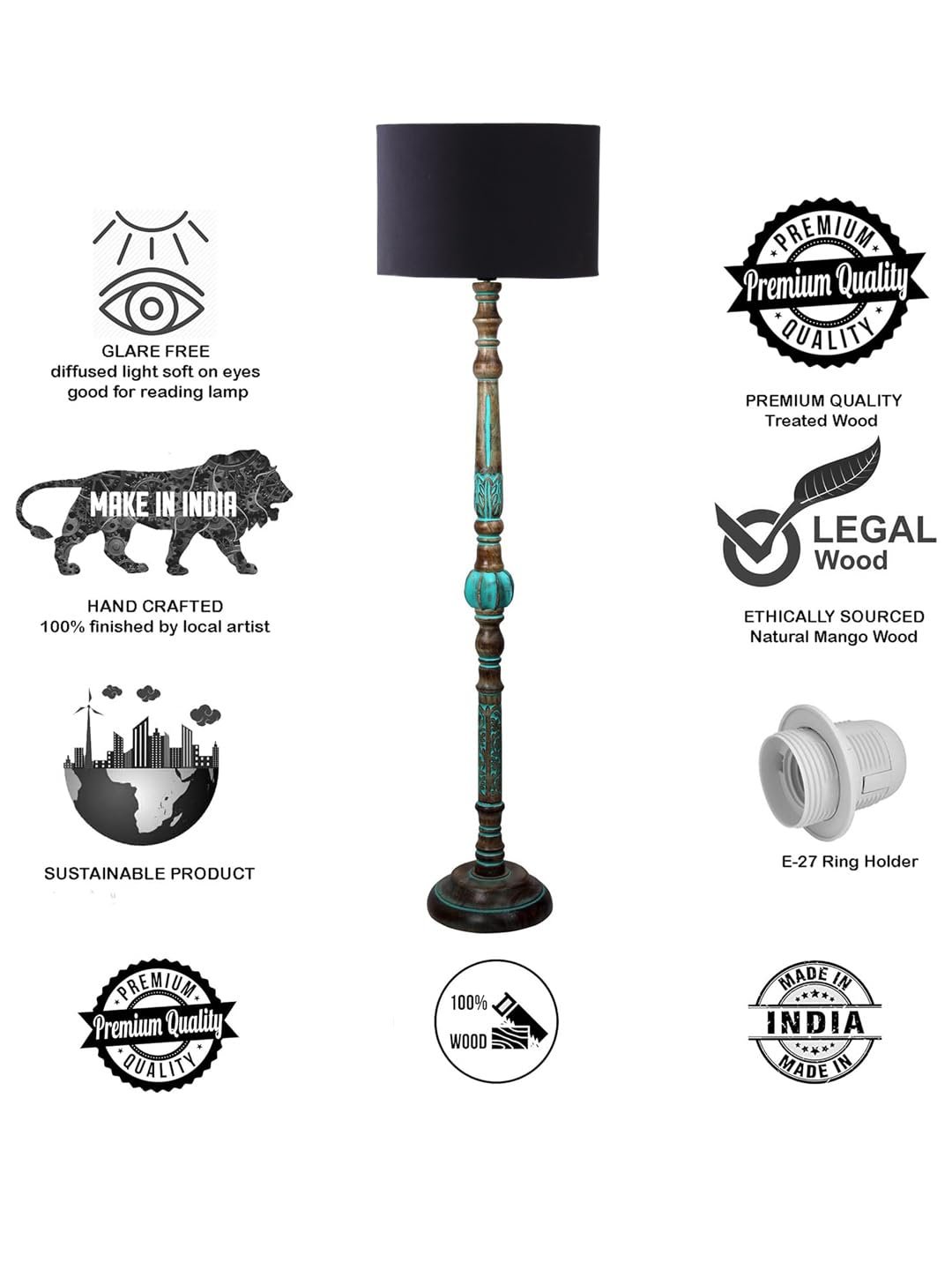 Mid Century Modern Floor Lamp,Hand Turned Floor Lamp Wood for Living Room,Stand Lamp with Jute Lampshade for Bedroom, Study Room and Office, (Black)