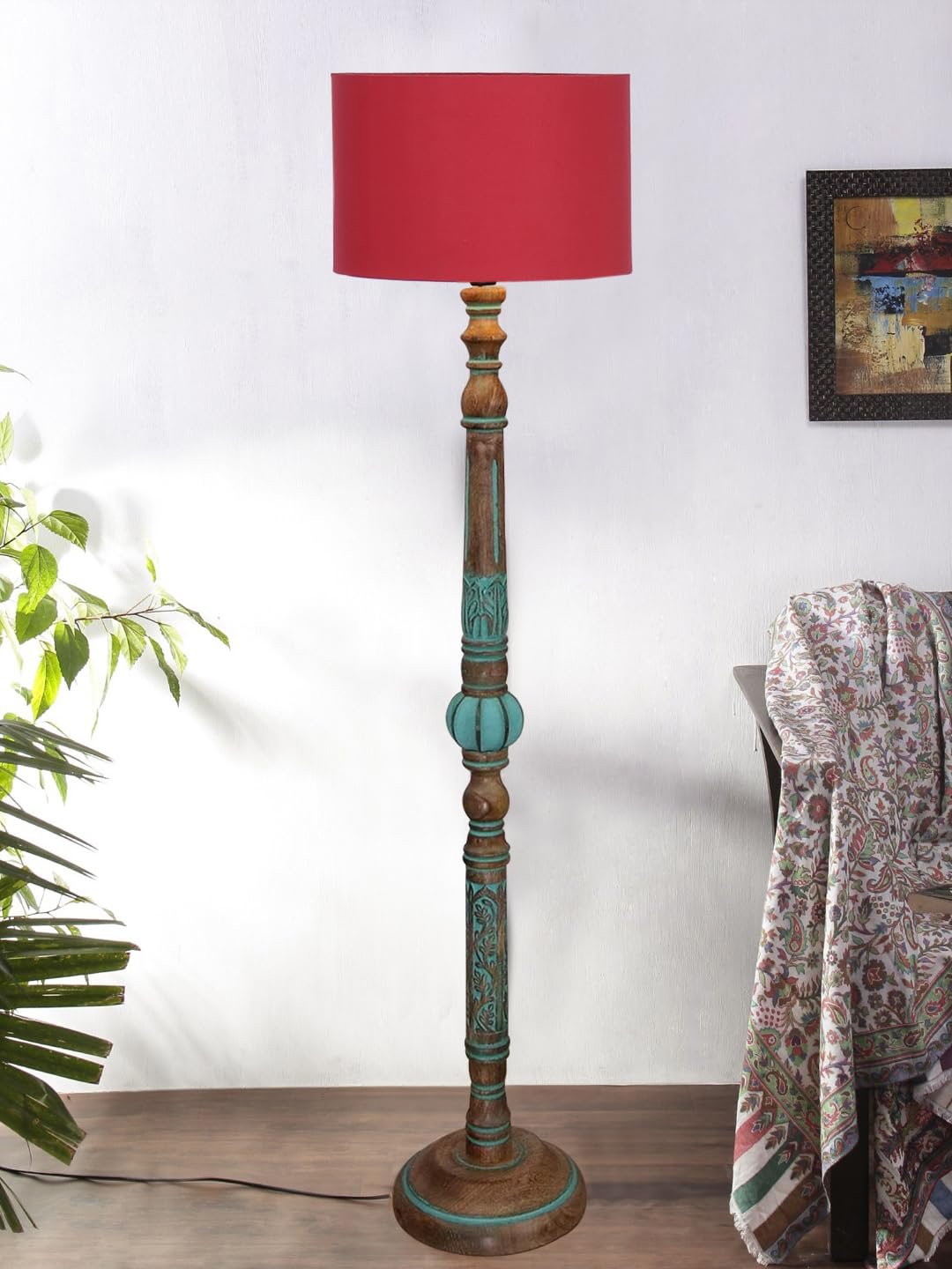 Mid Century Modern Floor Lamp,Hand Turned Floor Lamp Wood for Living Room,Stand Lamp with Fabric Lampshade for Bedroom, Study Room and Office, (Red)