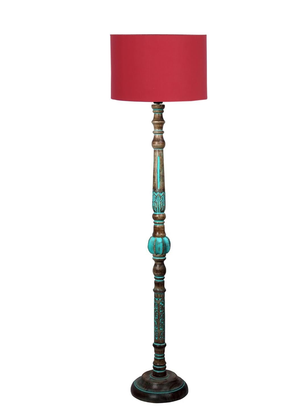Mid Century Modern Floor Lamp,Hand Turned Floor Lamp Wood for Living Room,Stand Lamp with Fabric Lampshade for Bedroom, Study Room and Office, (Red)
