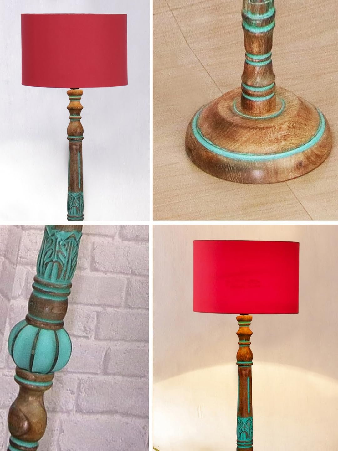 Mid Century Modern Floor Lamp,Hand Turned Floor Lamp Wood for Living Room,Stand Lamp with Fabric Lampshade for Bedroom, Study Room and Office, (Red)