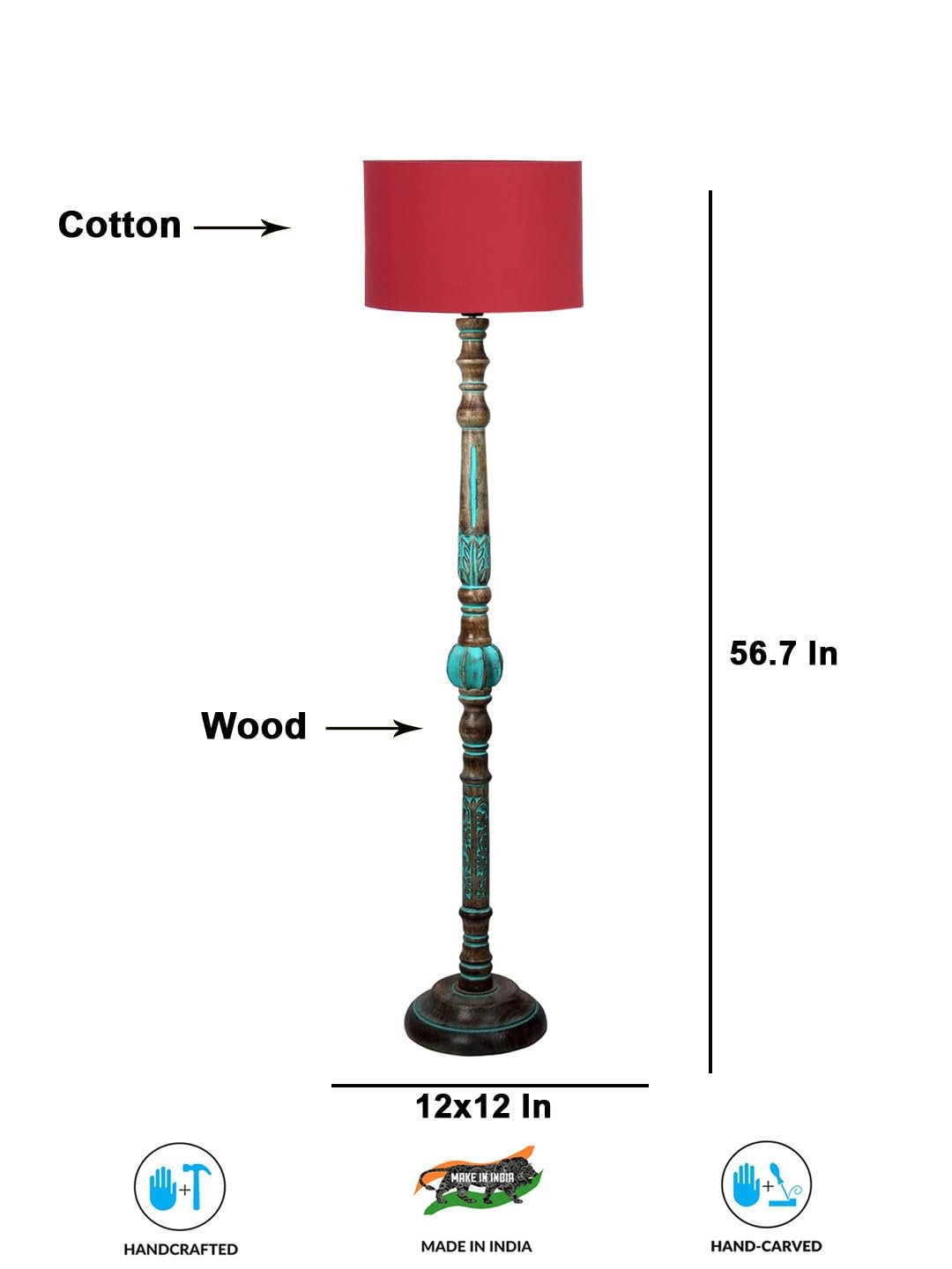 Mid Century Modern Floor Lamp,Hand Turned Floor Lamp Wood for Living Room,Stand Lamp with Fabric Lampshade for Bedroom, Study Room and Office, (Red)