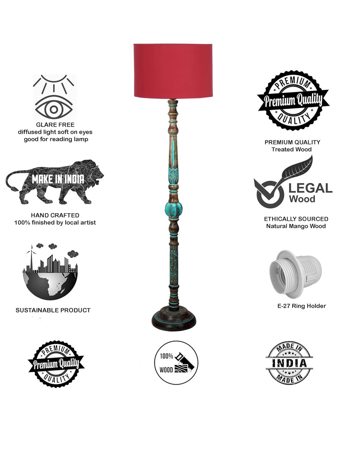 Mid Century Modern Floor Lamp,Hand Turned Floor Lamp Wood for Living Room,Stand Lamp with Fabric Lampshade for Bedroom, Study Room and Office, (Red)