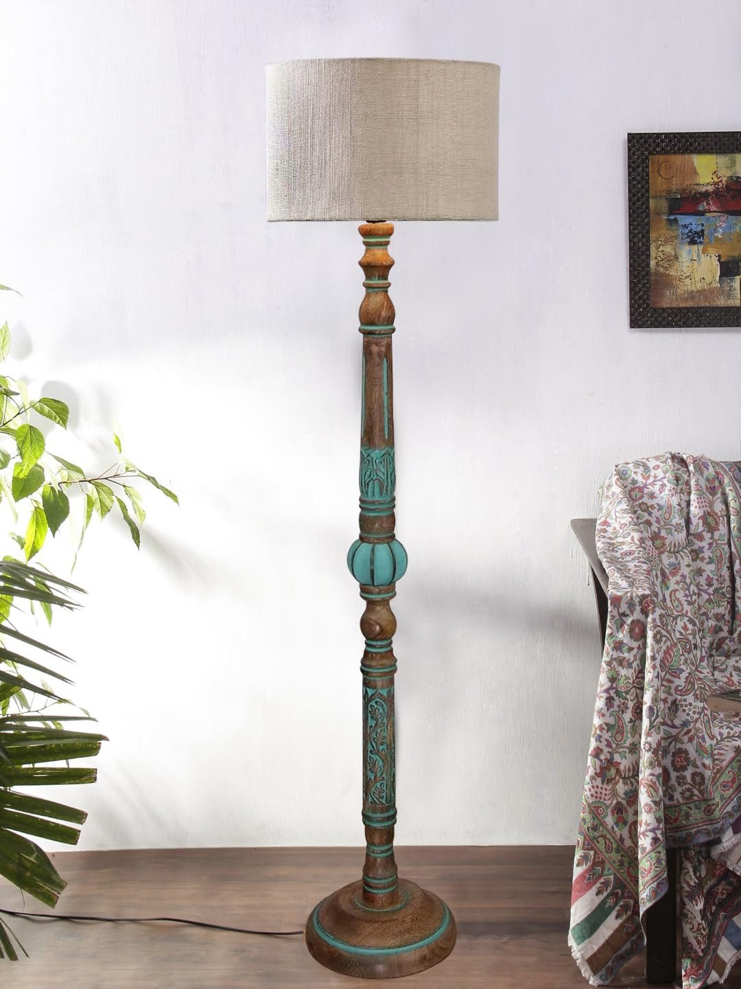 Mid Century Modern Floor Lamp,Hand Turned Floor Lamp Wood for Living Room,Stand Lamp with Jute Lampshade for Bedroom, Study Room and Office, (White) Jute