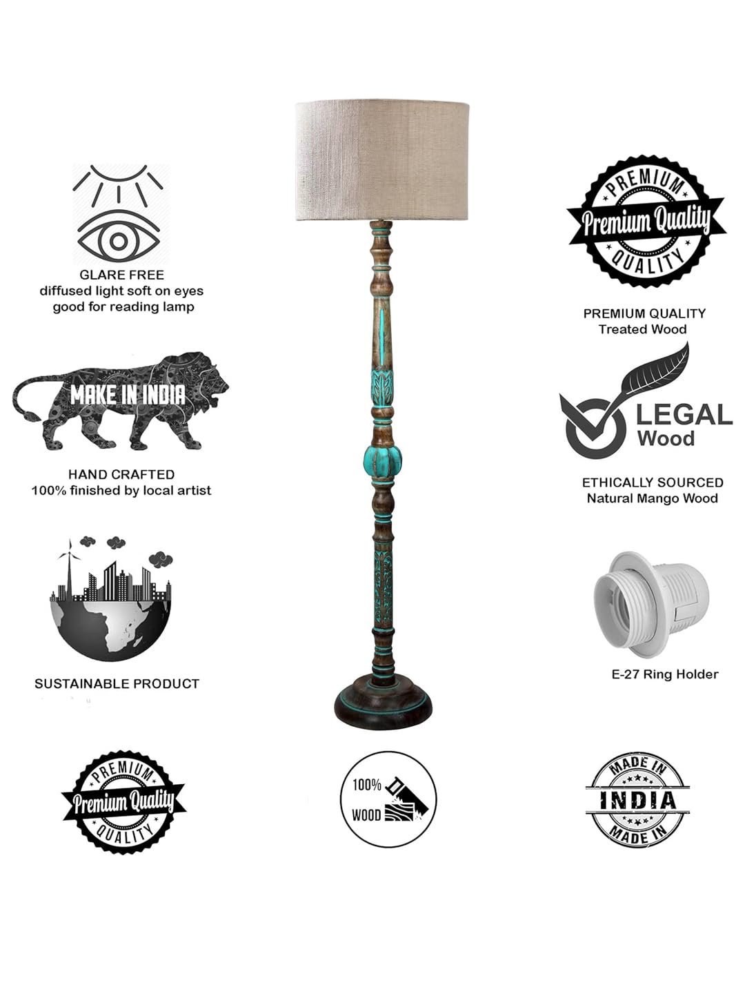 Mid Century Modern Floor Lamp,Hand Turned Floor Lamp Wood for Living Room,Stand Lamp with Jute Lampshade for Bedroom, Study Room and Office, (White) Jute