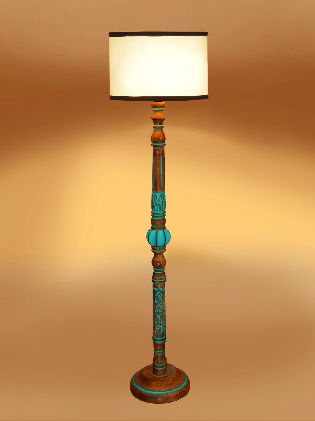 Mid Century Modern Floor Lamp,Hand Turned Floor Lamp Wood for Living Room,Stand Lamp with Fabric Lampshade for Bedroom, Study Room and Office, (White & Black)