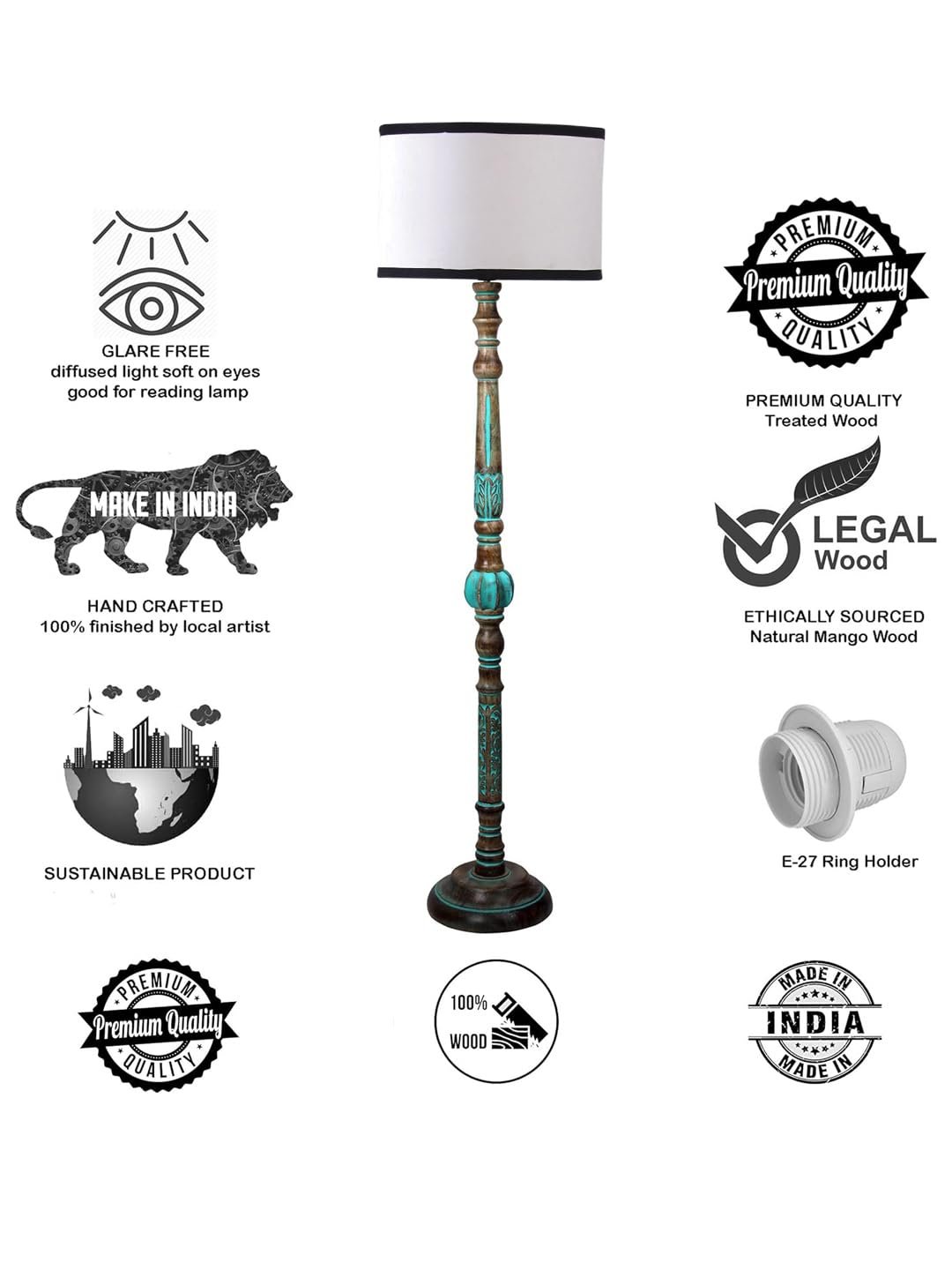 Mid Century Modern Floor Lamp,Hand Turned Floor Lamp Wood for Living Room,Stand Lamp with Fabric Lampshade for Bedroom, Study Room and Office, (White & Black)