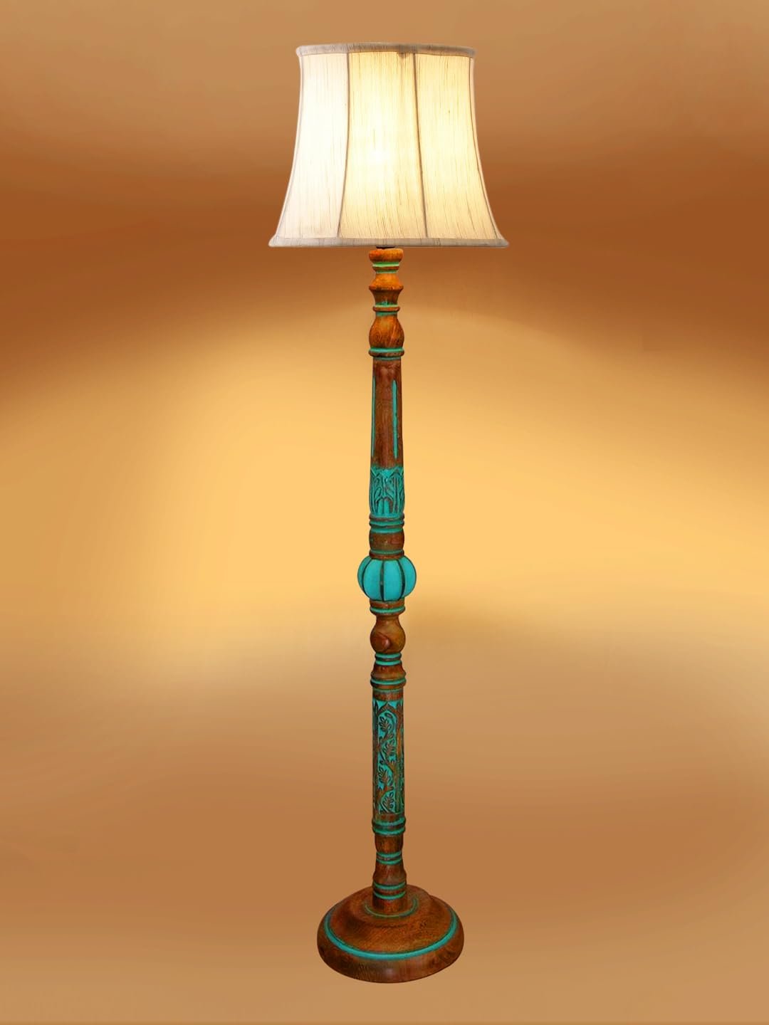 Mid Century Modern Floor Lamp,Hand Turned Floor Lamp Wood for Living Room,Stand Lamp with Fabric Lampshade for Bedroom, Study Room and Office, (Off-White)