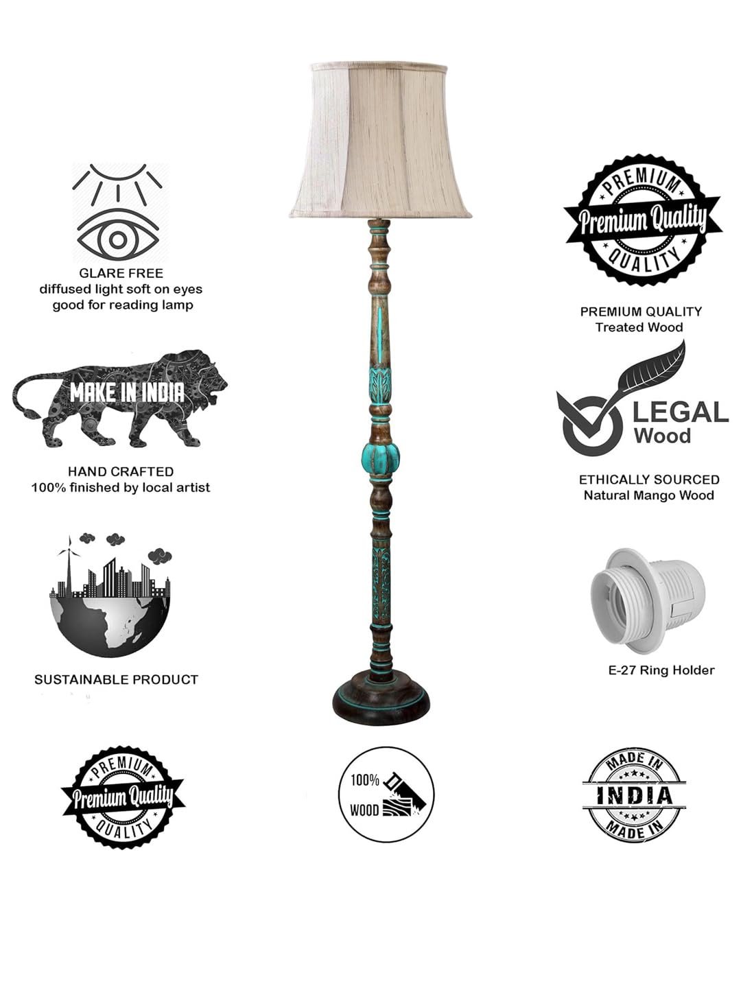 Mid Century Modern Floor Lamp,Hand Turned Floor Lamp Wood for Living Room,Stand Lamp with Fabric Lampshade for Bedroom, Study Room and Office, (Off-White)