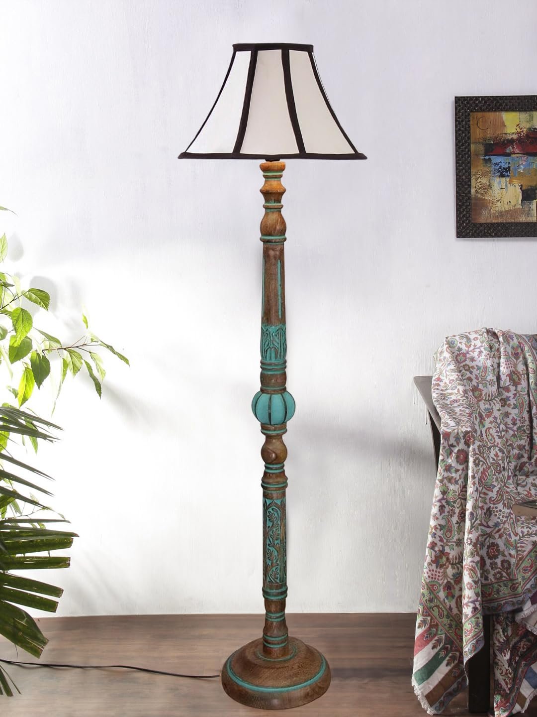 Mid Century Modern Floor Lamp,Hand Turned Floor Lamp Wood for Living Room,Stand Lamp with Fabric Lampshade for Bedroom, Study Room and Office, (Multicolor)