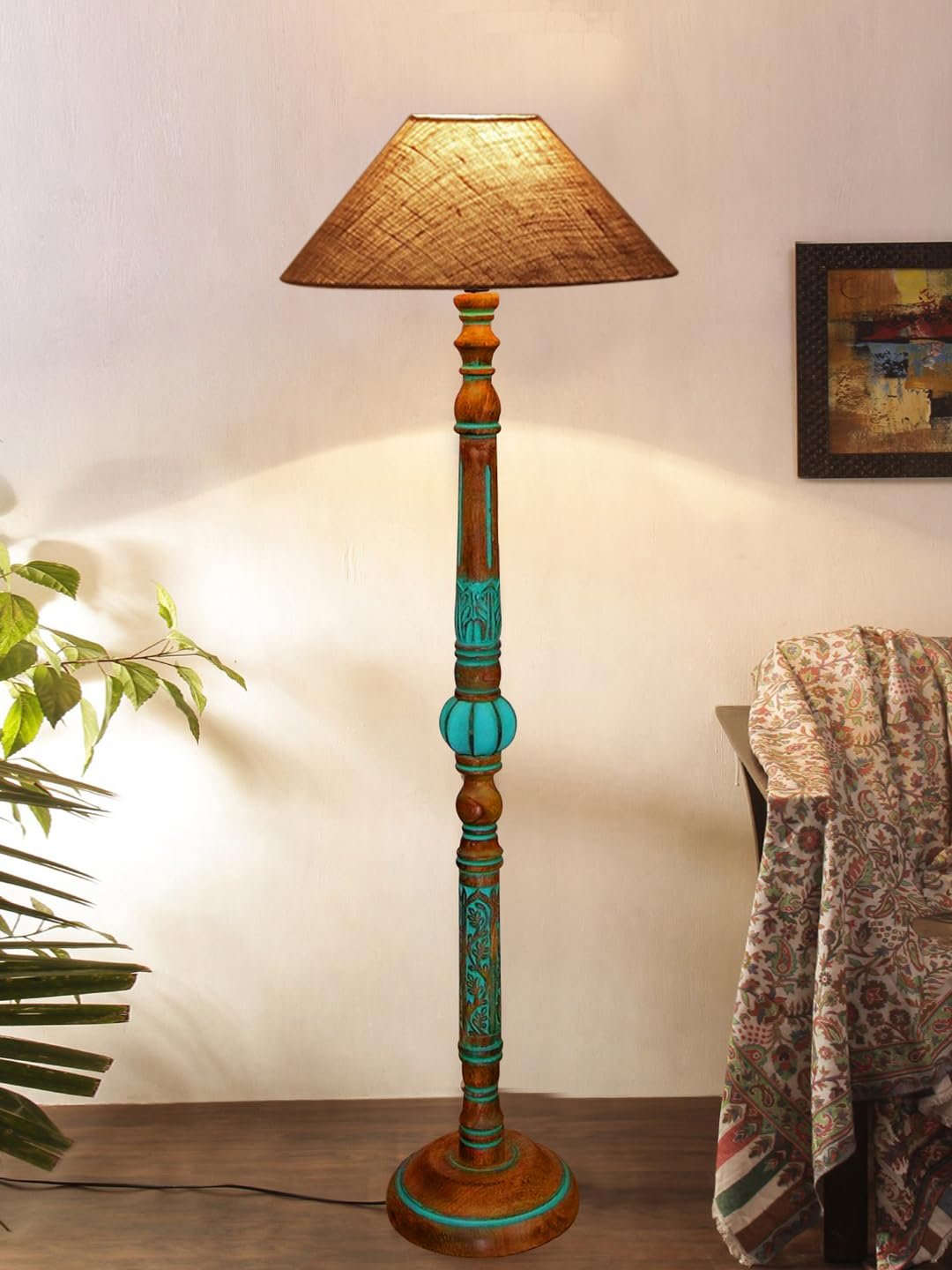 Mid Century Modern Floor Lamp,Hand Turned Floor Lamp Wood for Living Room,Stand Lamp with Jute Lampshade for Bedroom, Study Room and Office, (Beige)-Jute