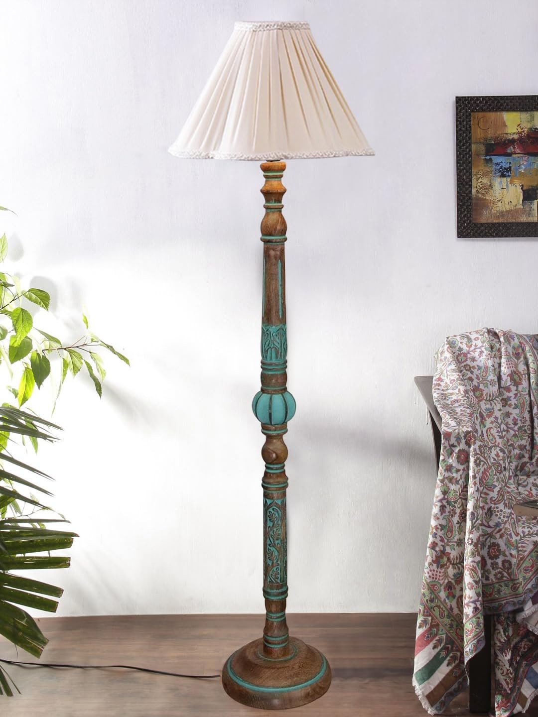 Mid Century Modern Floor Lamp,Hand Turned Floor Lamp Wood for Living Room,Stand Lamp with Fabric Lampshade for Bedroom, Study Room and Office, (Off-White)-C