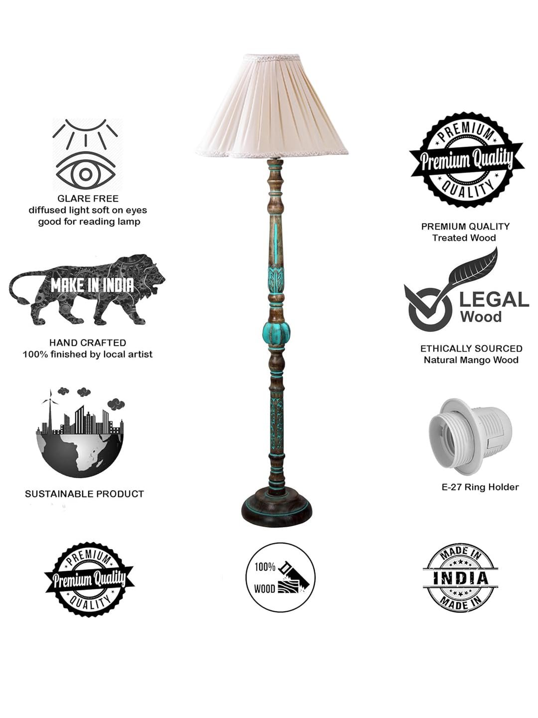 Mid Century Modern Floor Lamp,Hand Turned Floor Lamp Wood for Living Room,Stand Lamp with Fabric Lampshade for Bedroom, Study Room and Office, (Off-White)-C