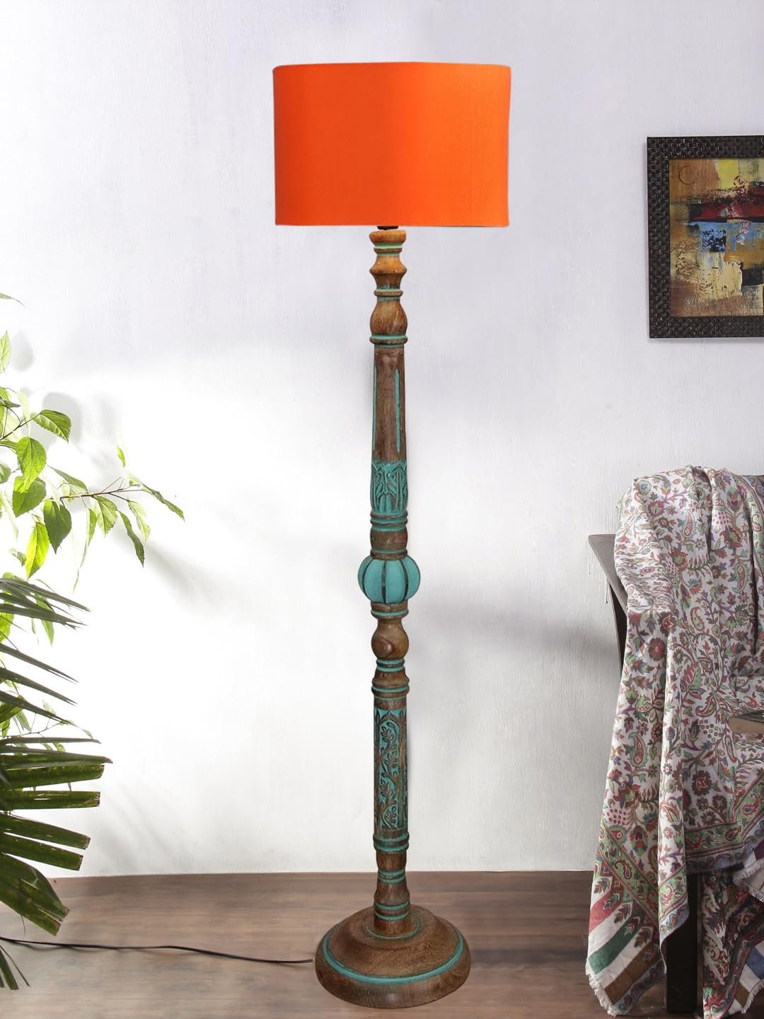 Mid Century Modern Floor Lamp,Hand Turned Floor Lamp Wood for Living Room,Stand Lamp with Fabric Lampshade for Bedroom, Study Room and Office, (Orange)-C
