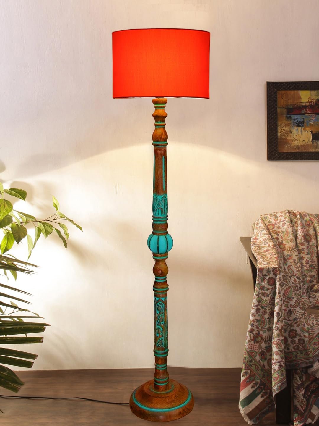 Mid Century Modern Floor Lamp,Hand Turned Floor Lamp Wood for Living Room,Stand Lamp with Fabric Lampshade for Bedroom, Study Room and Office, (Orange)-C