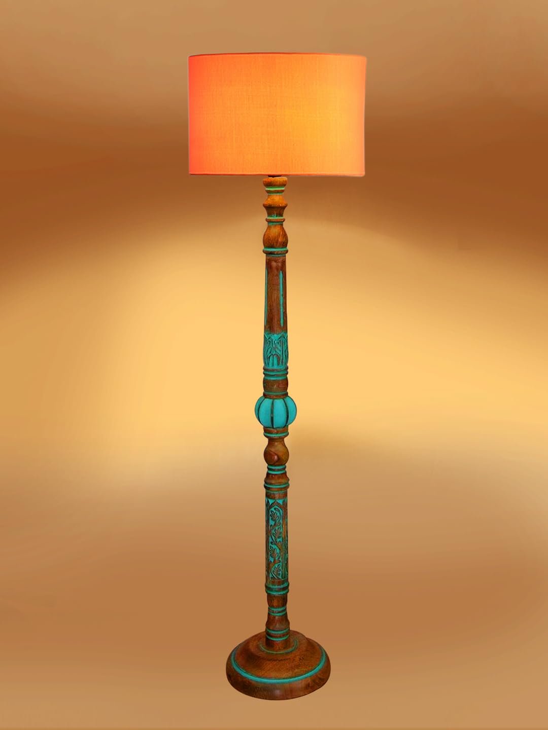 Mid Century Modern Floor Lamp,Hand Turned Floor Lamp Wood for Living Room,Stand Lamp with Fabric Lampshade for Bedroom, Study Room and Office, (Orange)-C