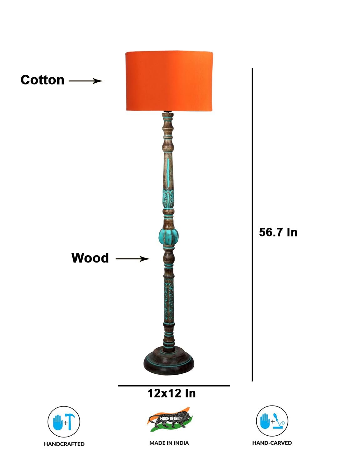 Mid Century Modern Floor Lamp,Hand Turned Floor Lamp Wood for Living Room,Stand Lamp with Fabric Lampshade for Bedroom, Study Room and Office, (Orange)-C
