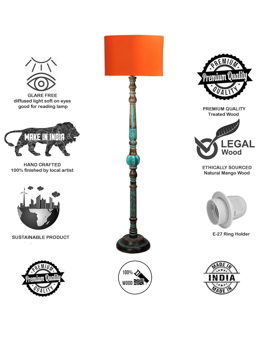 Mid Century Modern Floor Lamp,Hand Turned Floor Lamp Wood for Living Room,Stand Lamp with Fabric Lampshade for Bedroom, Study Room and Office, (Orange)-C