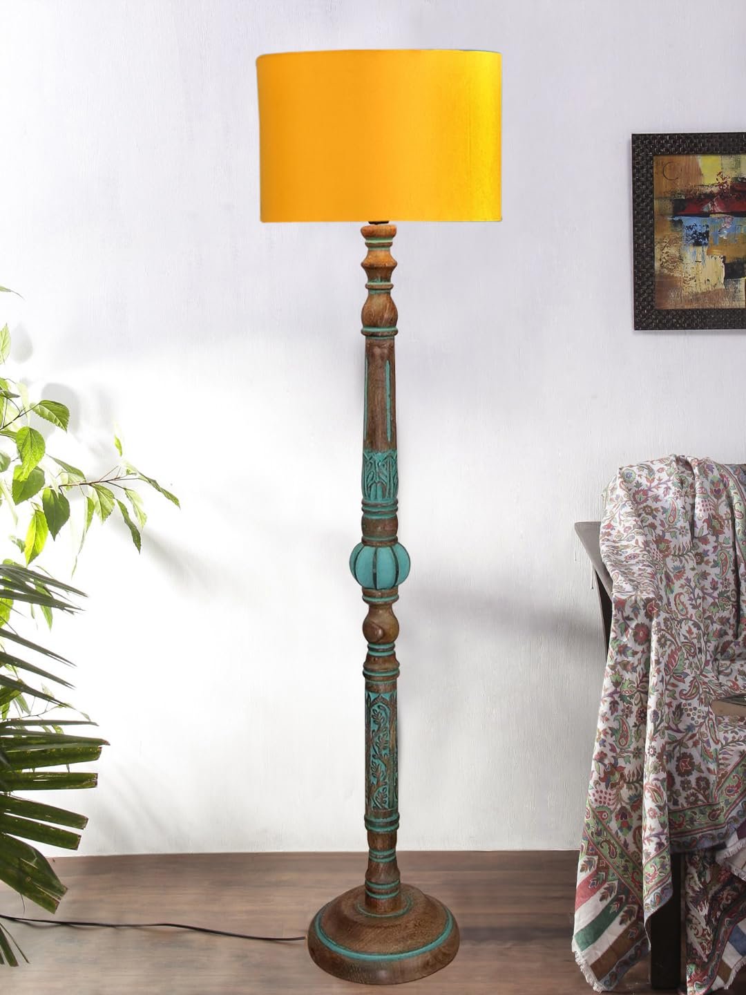 Mid Century Modern Floor Lamp,Hand Turned Floor Lamp Wood for Living Room,Stand Lamp with Fabric Lampshade for Bedroom, Study Room and Office, (Yellow)-C