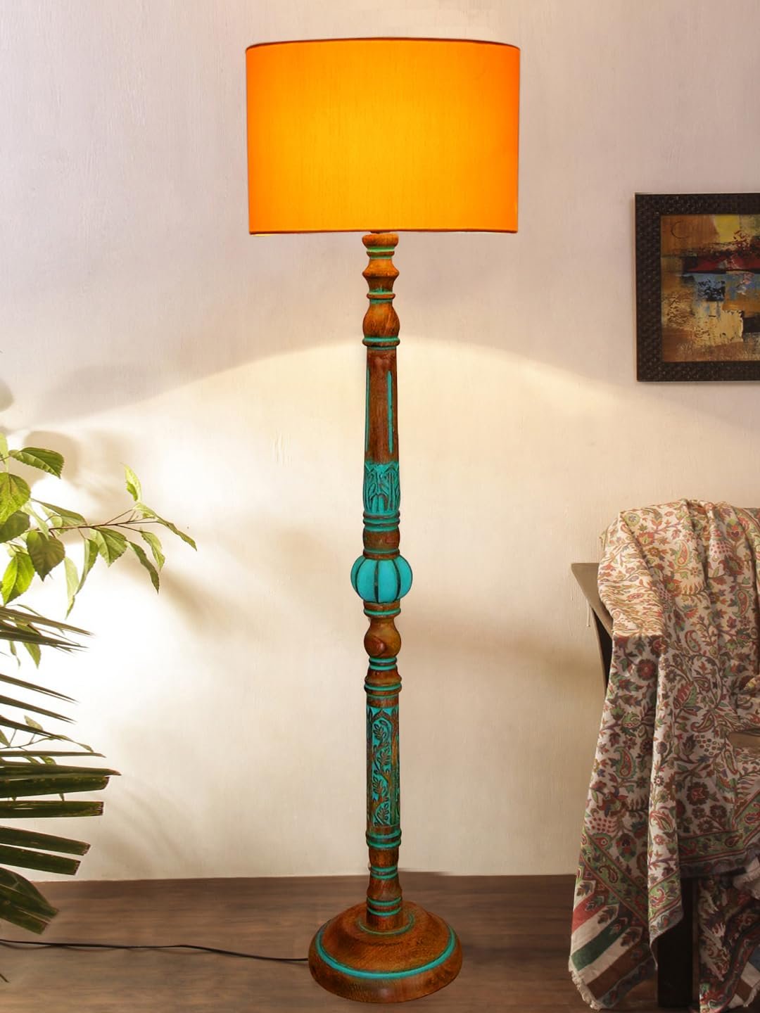 Mid Century Modern Floor Lamp,Hand Turned Floor Lamp Wood for Living Room,Stand Lamp with Fabric Lampshade for Bedroom, Study Room and Office, (Yellow)-C