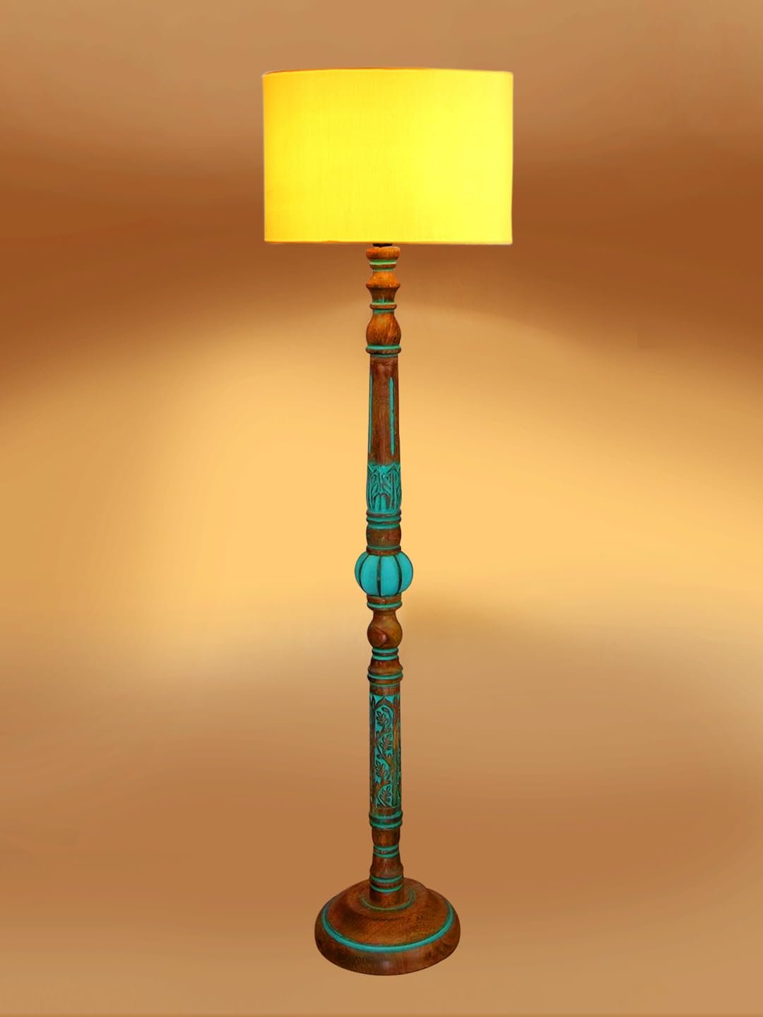 Mid Century Modern Floor Lamp,Hand Turned Floor Lamp Wood for Living Room,Stand Lamp with Fabric Lampshade for Bedroom, Study Room and Office, (Yellow)-C