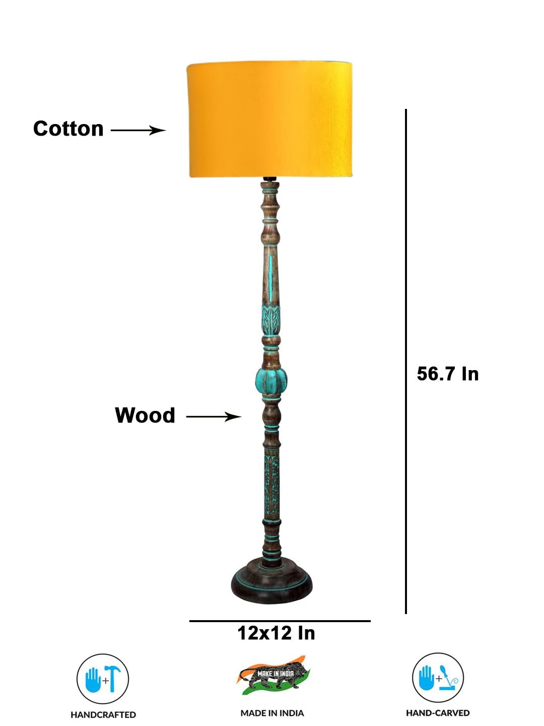 Mid Century Modern Floor Lamp,Hand Turned Floor Lamp Wood for Living Room,Stand Lamp with Fabric Lampshade for Bedroom, Study Room and Office, (Yellow)-C